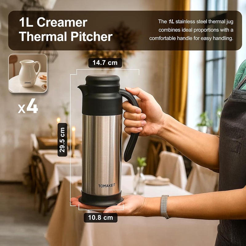  TOMAKEIT Creamer Pitcher for Coffee,1L/34 Oz Thermal Coffee Carafe,Stainless Steel Coffee Carafes for Keeping Hot and Cold,Double-Wall Design,12-Hour Hot & Cold,Leak-Proof, Portable for Travel,Camping,Office - Image 3